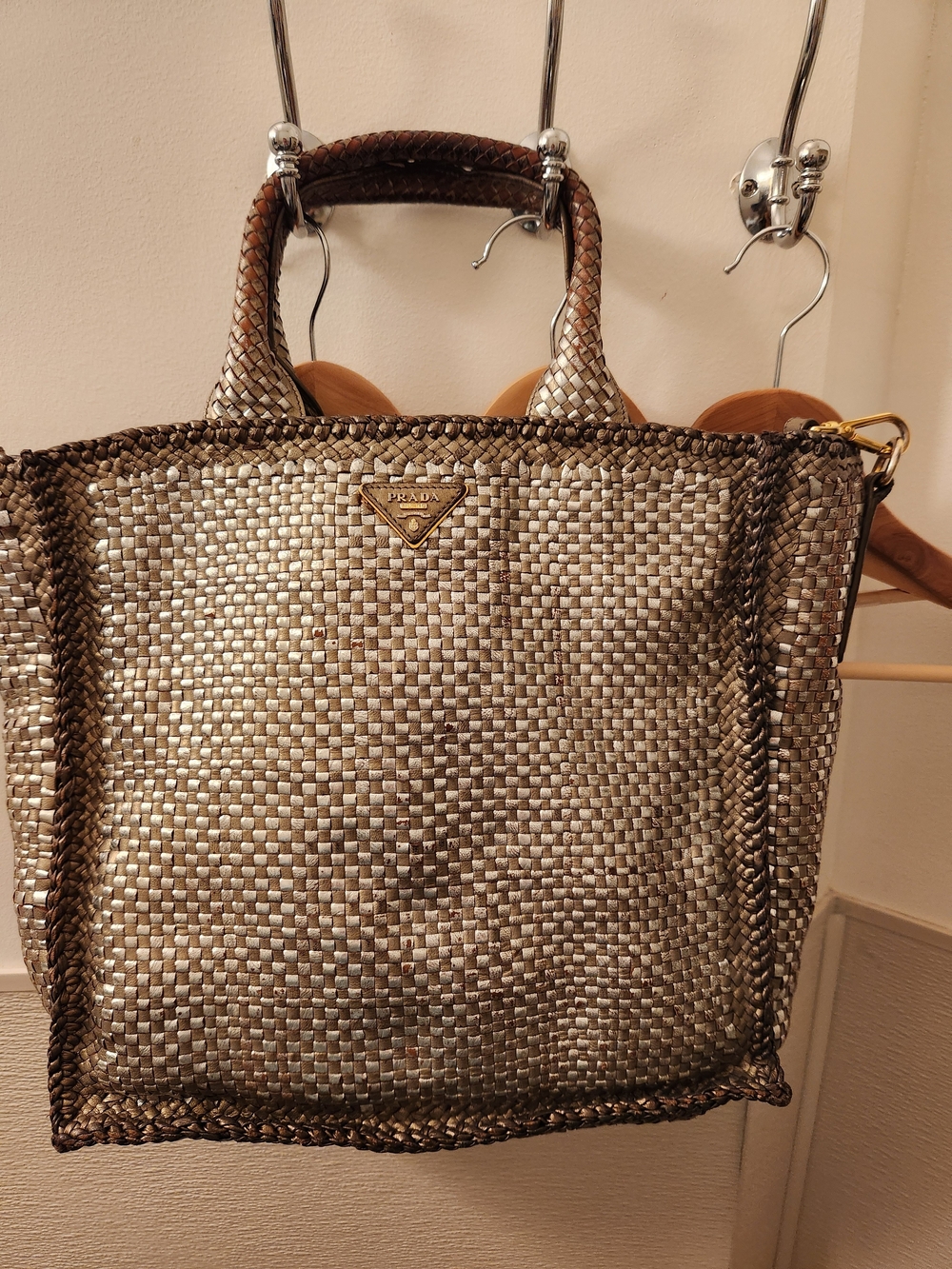Prada Metallic Madras Woven Tote Bag in Bronze